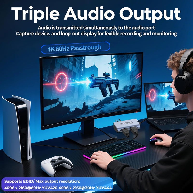 Guermok 4K@60FPS Capture Card for Streaming & Recording, 1080P@240FPS, USB 3.0 HDMI Camera Video Capture, 4K60 Passthrough, 3.5mm Audio in & Mic Out, Works with Switch 2/1, PS5/4, Xbox, Pad, Mac, PC - Image 2